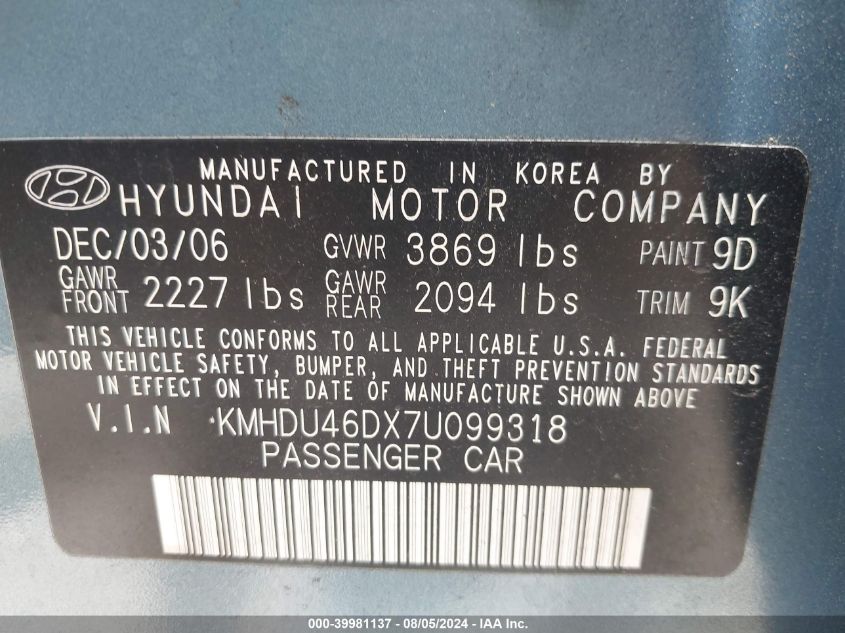 2007 Hyundai Elantra Gls/Limited/Se VIN: KMHDU46DX7U099318 Lot: 39981137