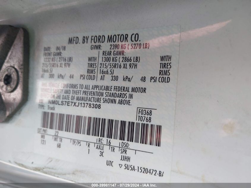 2018 Ford Transit Connect Xl VIN: NM0LS7E7XJ1378308 Lot: 39981147