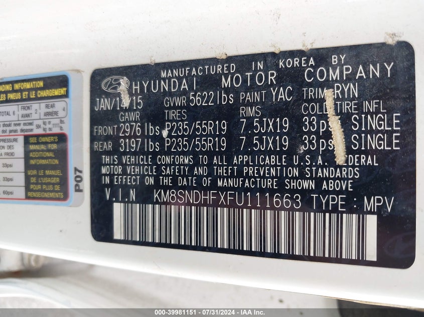 2015 Hyundai Santa Fe Limited VIN: KM8SNDHFXFU111663 Lot: 39981151
