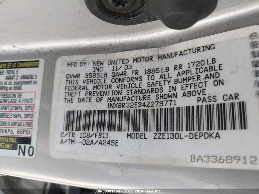 2004 Toyota Corolla Ce VIN: 1NXBR32E34Z279771 Lot: 39981164