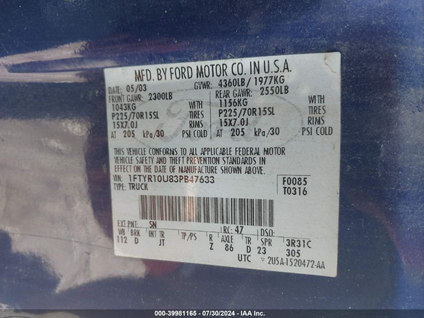 2003 Ford Ranger Edge/Xl/Xlt VIN: 1FTYR10U83PB47633 Lot: 39981165