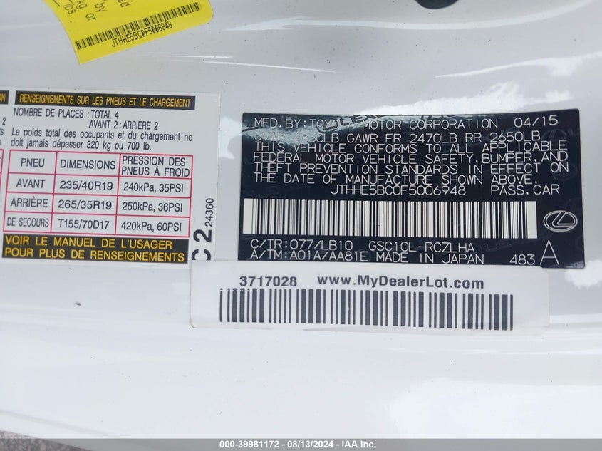 2015 LEXUS RC 350 JTHHE5BC0F5006948