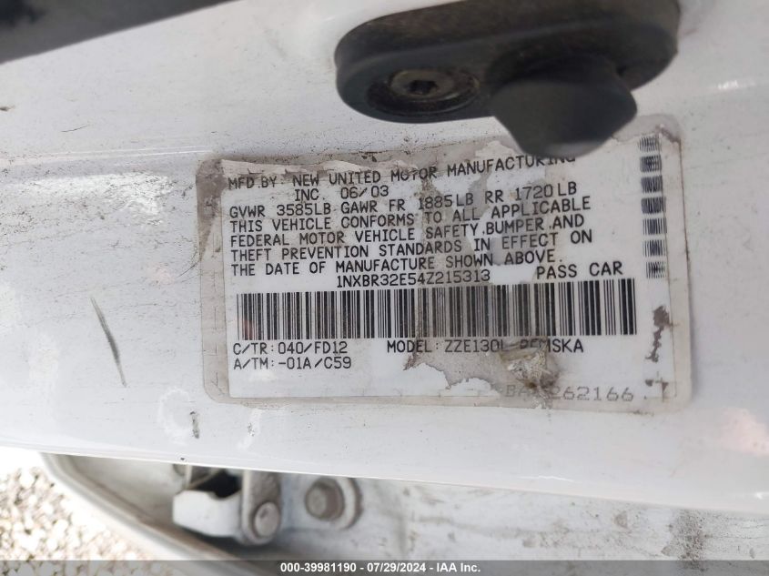 2004 Toyota Corolla S VIN: 1NXBR32E54Z215313 Lot: 39981190