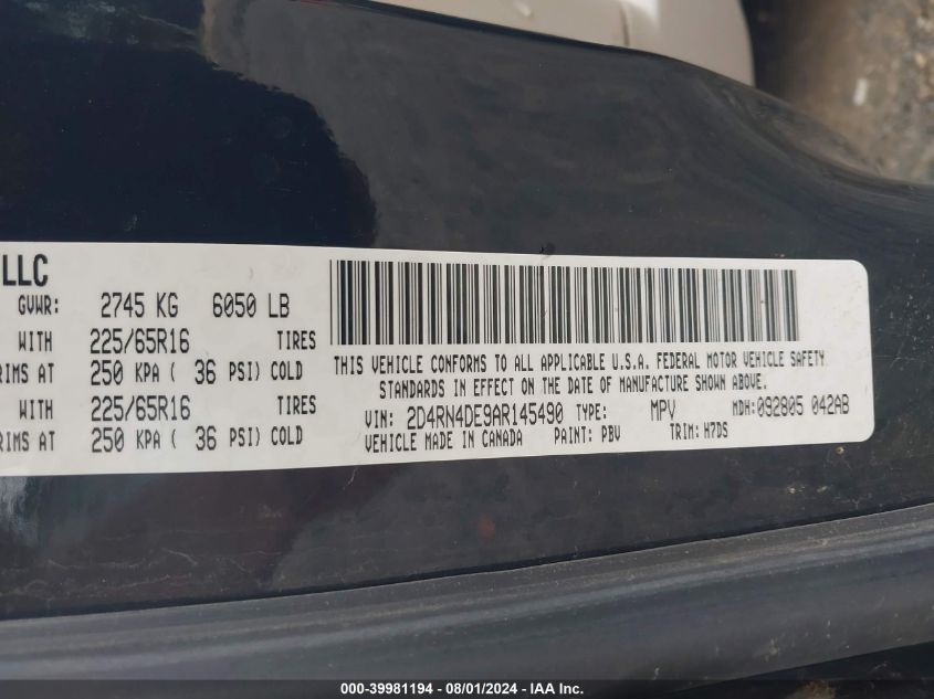 2010 Dodge Grand Caravan Se VIN: 2D4RN4DE9AR145490 Lot: 39981194