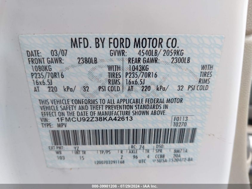 2008 Ford Escape Xls VIN: 1FMCU92Z38KA42613 Lot: 39981208