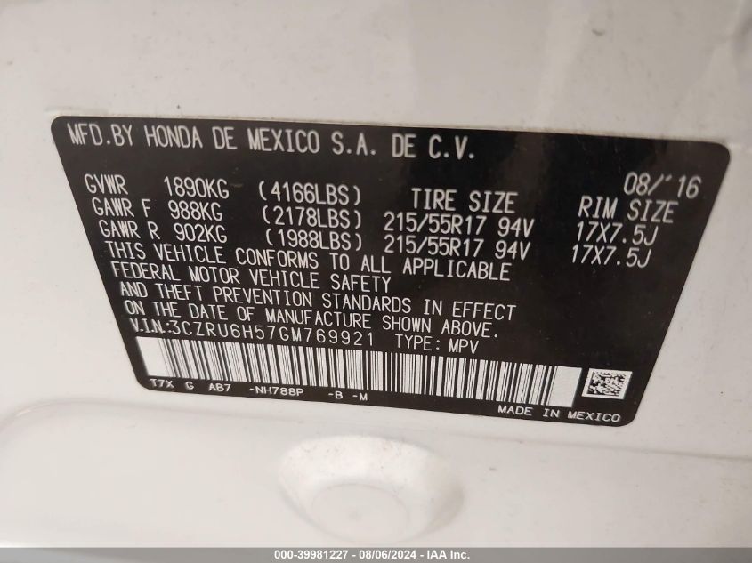 2016 Honda Hr-V Ex VIN: 3CZRU6H57GM769921 Lot: 39981227