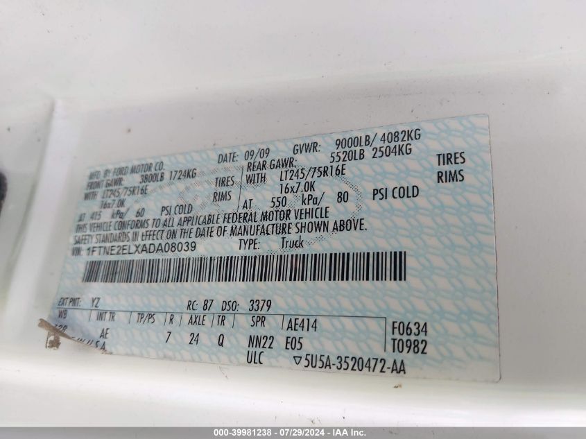 2010 Ford E-250 Commercial/Recreational VIN: 1FTNE2ELXADA08039 Lot: 39981238