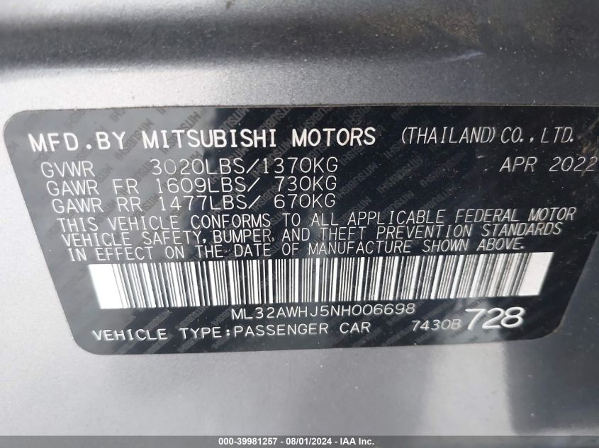 2022 Mitsubishi Mirage Black Edition/Se VIN: ML32AWHJ5NH006698 Lot: 39981257