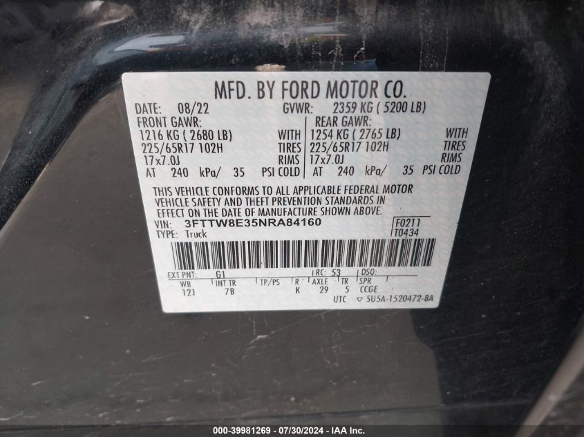 2022 Ford Maverick Xlt VIN: 3FTTW8E35NRA84160 Lot: 39981269