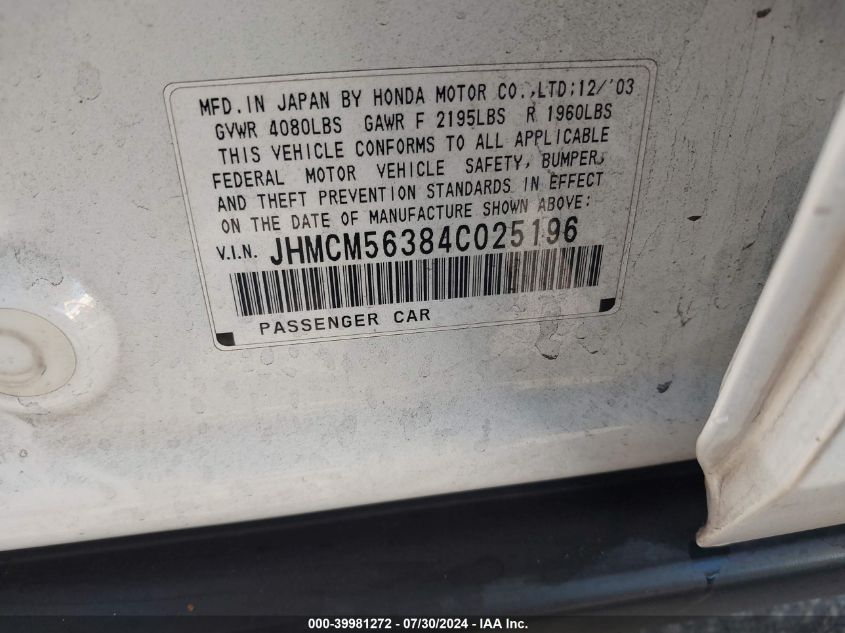 2004 Honda Accord Lx VIN: JHMCM56384C025196 Lot: 39981272