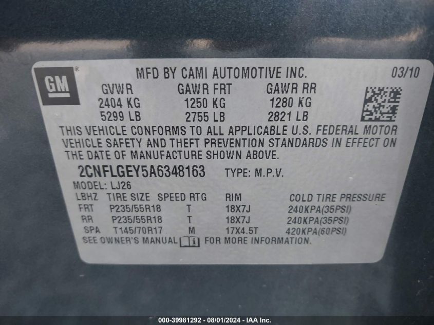 2010 Chevrolet Equinox Ltz VIN: 2CNFLGEY5A6348163 Lot: 39981292