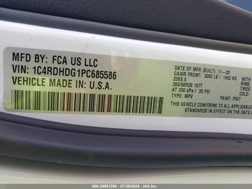 2023 Dodge Durango Gt Rwd VIN: 1C4RDHDG1PC685586 Lot: 39981294