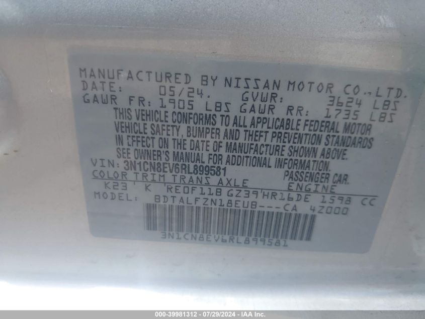 3N1CN8EV6RL899581 Nissan Versa SV 9