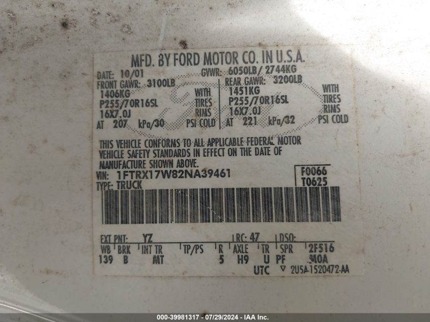 2002 Ford F-150 Lariat/Xl/Xlt VIN: 1FTRX17W82NA39461 Lot: 39981317