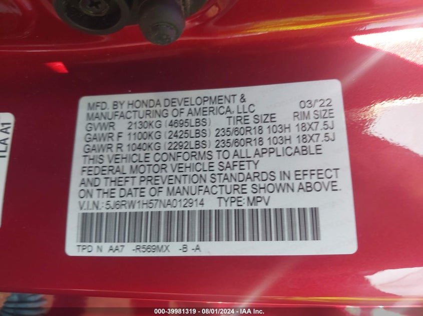 2022 Honda Cr-V 2Wd Ex VIN: 5J6RW1H57NA012914 Lot: 39981319