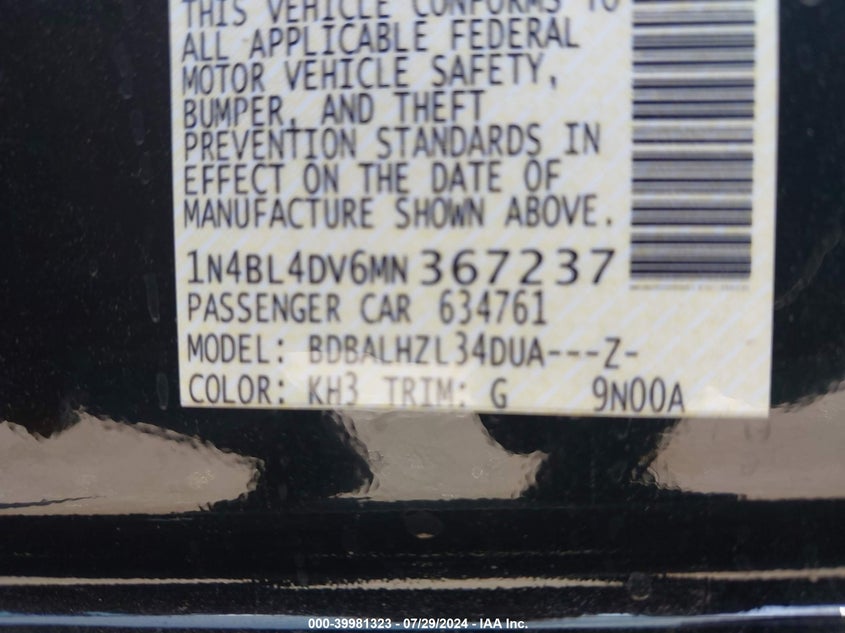 VIN 1N4BL4DV6MN367237 2021 NISSAN ALTIMA SV