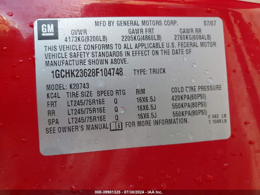 2008 Chevrolet Silverado 2500Hd Ltz VIN: 1GCHK23628F104748 Lot: 39981325