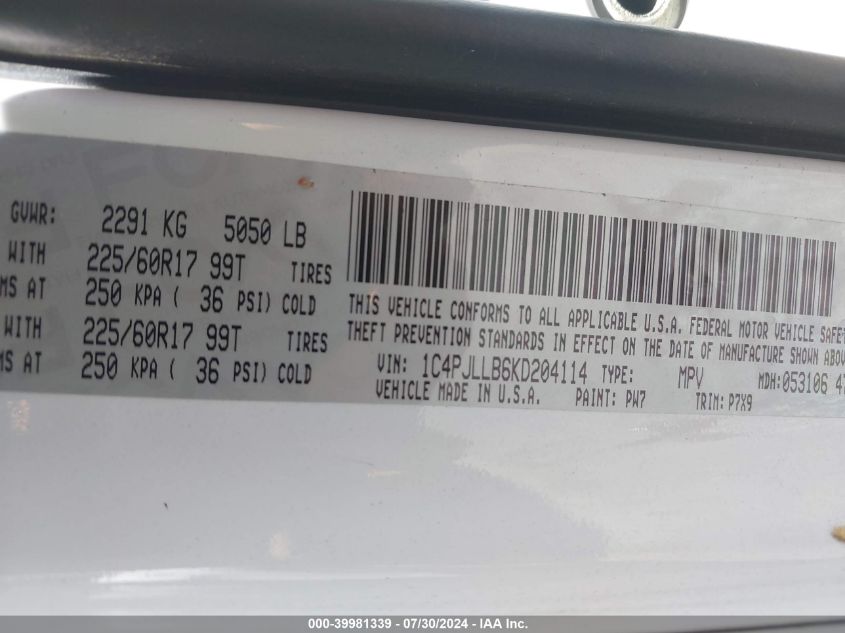 2019 Jeep Cherokee Latitude Plus Fwd VIN: 1C4PJLLB6KD204114 Lot: 39981339