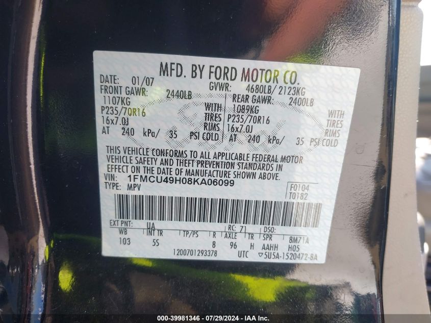 2008 Ford Escape Hybrid Hev VIN: 1FMCU49H08KA06099 Lot: 39981346