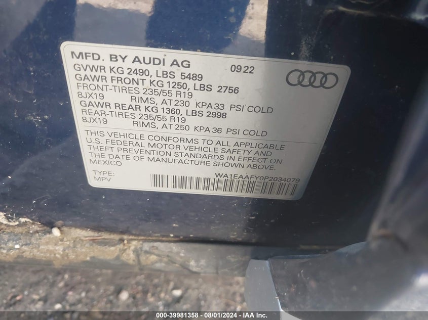 2023 Audi Q5 Premium Plus 45 VIN: WA1EAAFY0P2034079 Lot: 39981358