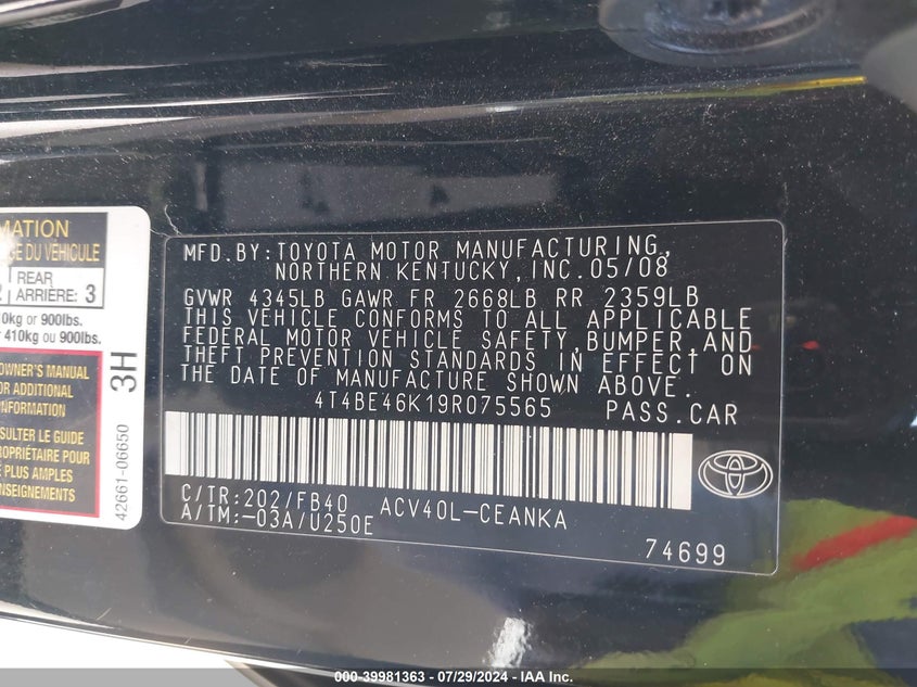 2009 Toyota Camry Le VIN: 4T4BE46K19R075565 Lot: 39981363