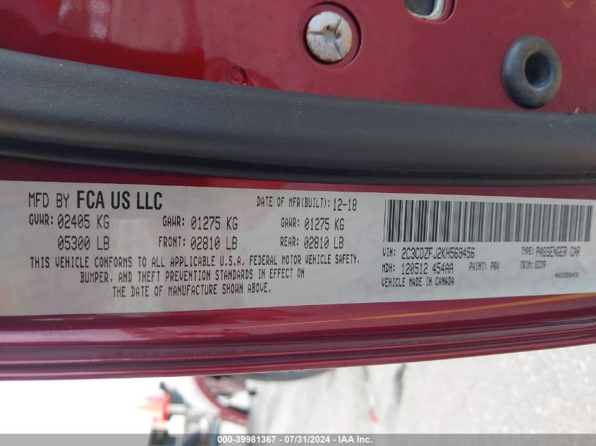 2019 Dodge Challenger R/T Scat Pack VIN: 2C3CDZFJ2KH569456 Lot: 39981367