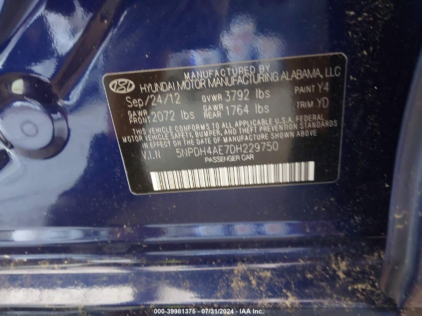 2013 Hyundai Elantra Limited VIN: 5NPDH4AE7DH229750 Lot: 39981375