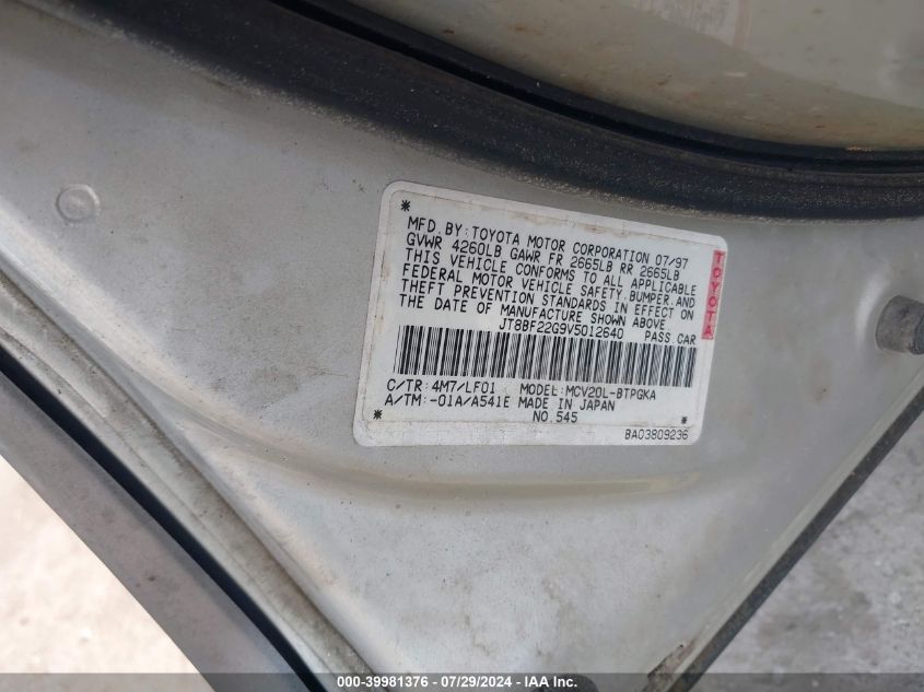 1997 Lexus Es 300 300 VIN: JT8BF22G9V5012640 Lot: 39981376