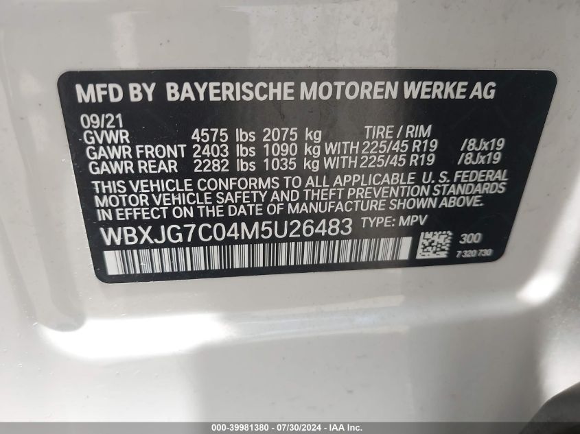 2021 BMW X1 Sdrive28I VIN: WBXJG7C04M5U26483 Lot: 39981380