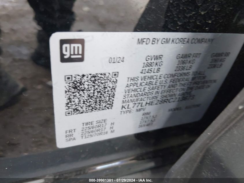 2024 Chevrolet Trax Fwd Lt VIN: KL77LHE28RC213673 Lot: 39981381