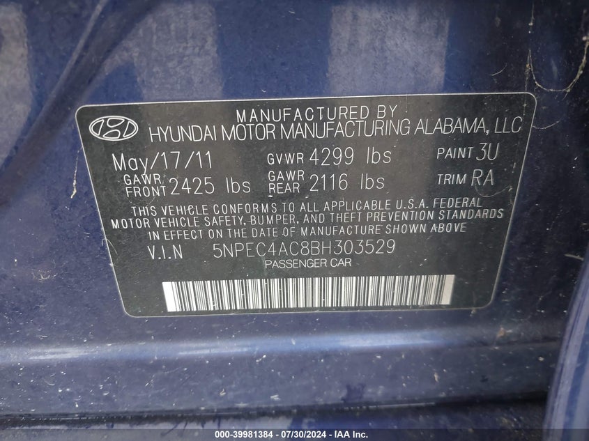 2011 Hyundai Sonata Limited VIN: 5NPEC4AC8BH303529 Lot: 39981384