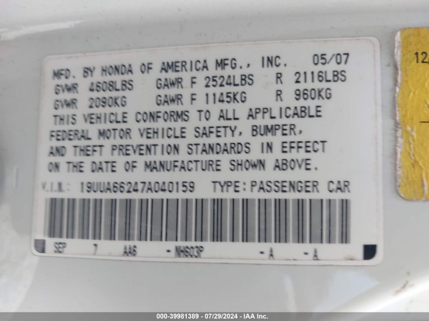 2007 Acura Tl 3.2 VIN: 19UUA66247A040159 Lot: 39981389