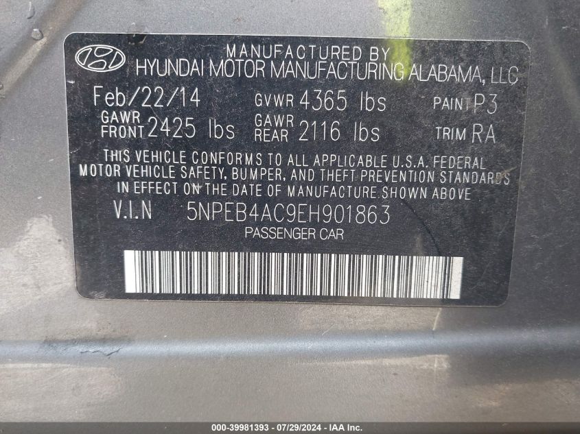 5NPEB4AC9EH901863 2014 Hyundai Sonata Gls