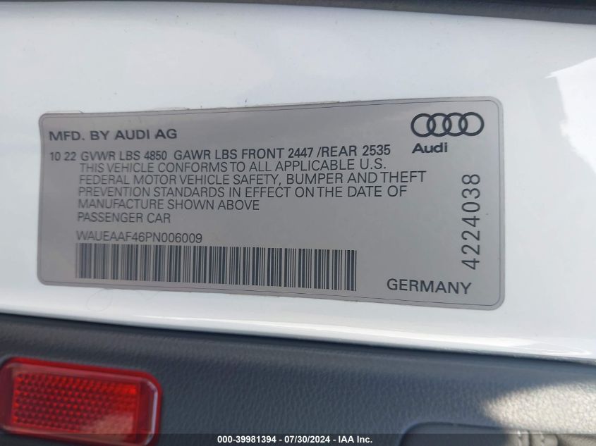 2023 Audi A4 Premium Plus 45 Tfsi S Line Quattro S Tronic VIN: WAUEAAF46PN006009 Lot: 39981394