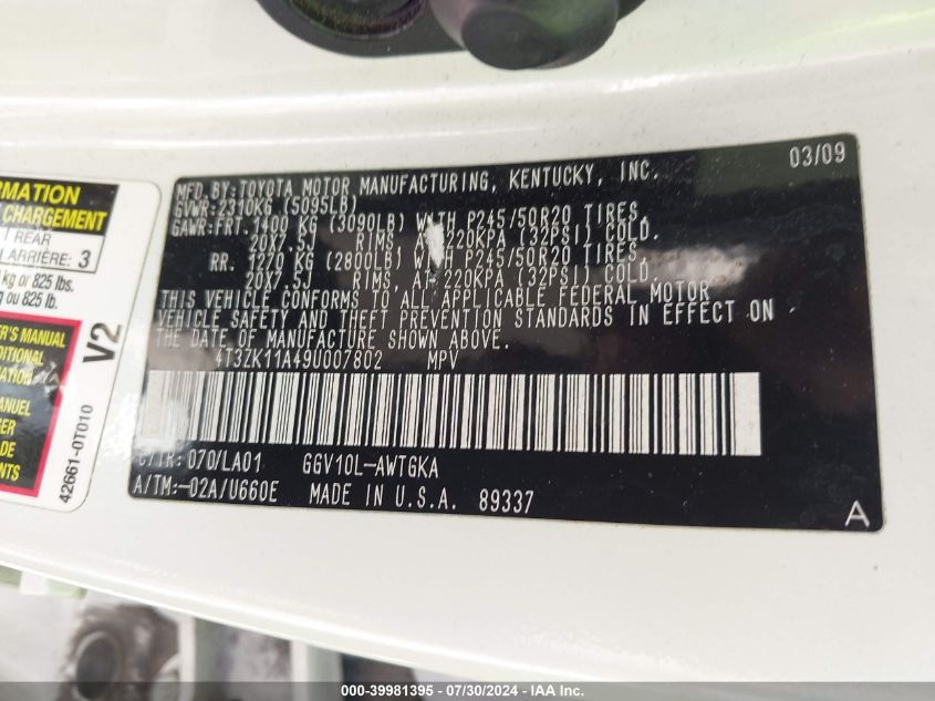 2009 Toyota Venza Base V6 VIN: 4T3ZK11A49U007802 Lot: 39981395