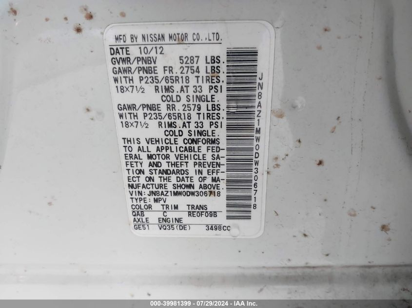 2013 Nissan Murano Sl VIN: JN8AZ1MW0DW306718 Lot: 39981399