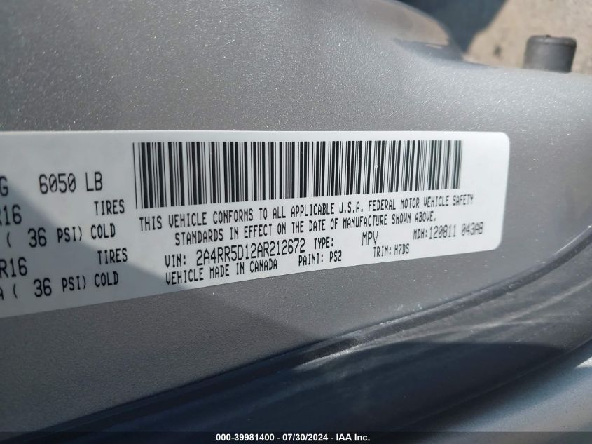 2010 Chrysler Town & Country Touring VIN: 2A4RR5D12AR212672 Lot: 39981400