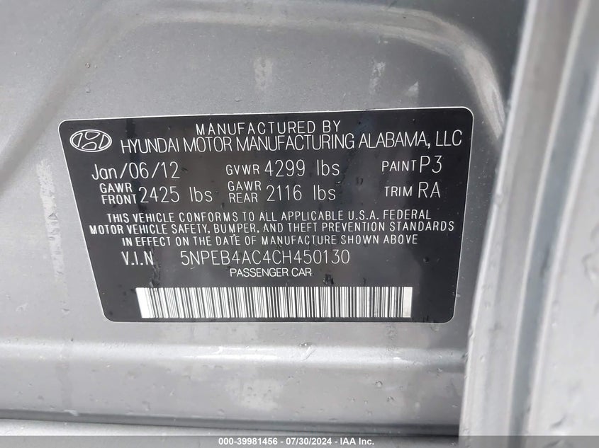 2012 Hyundai Sonata Gls VIN: 5NPEB4AC4CH450130 Lot: 39981456