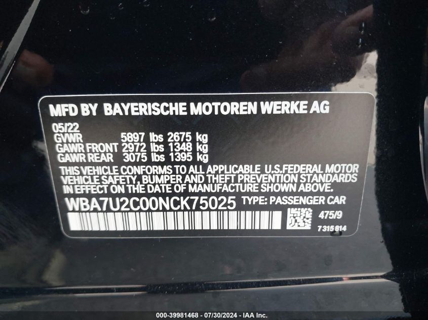 2022 BMW 750 I xDrive VIN: WBA7U2C00NCK75025 Lot: 39981468