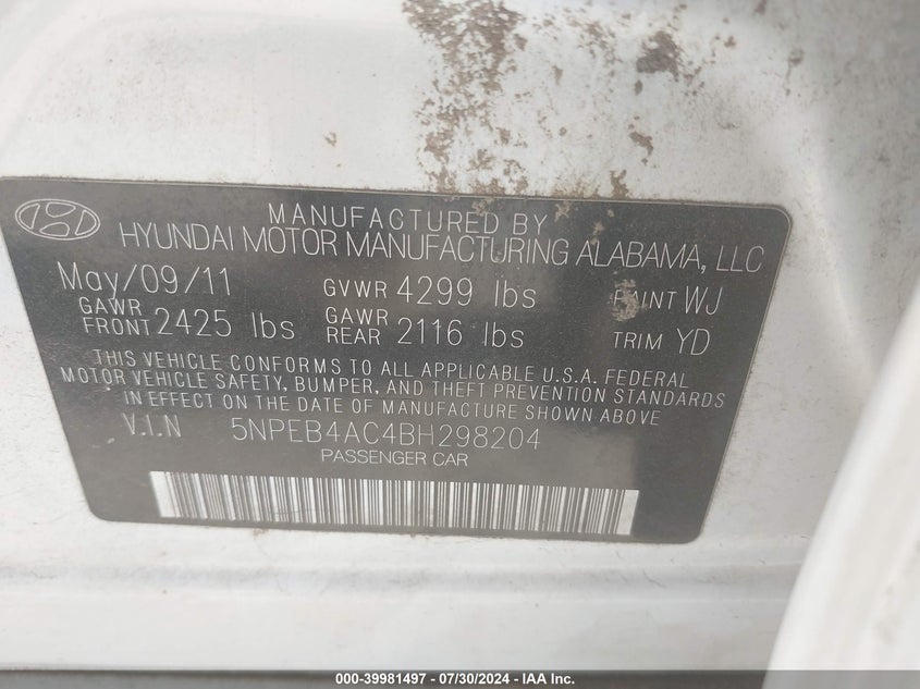 2011 Hyundai Sonata Gls VIN: 5NPEB4AC4BH298204 Lot: 39981497