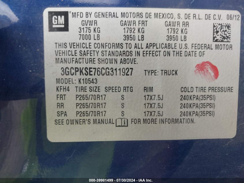 2012 Chevrolet Silverado 1500 Lt VIN: 3GCPKSE76CG311927 Lot: 39981499