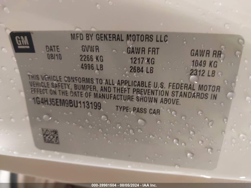 2011 Buick Lucerne Cxl Premium VIN: 1G4HJ5EM9BU113199 Lot: 39981504