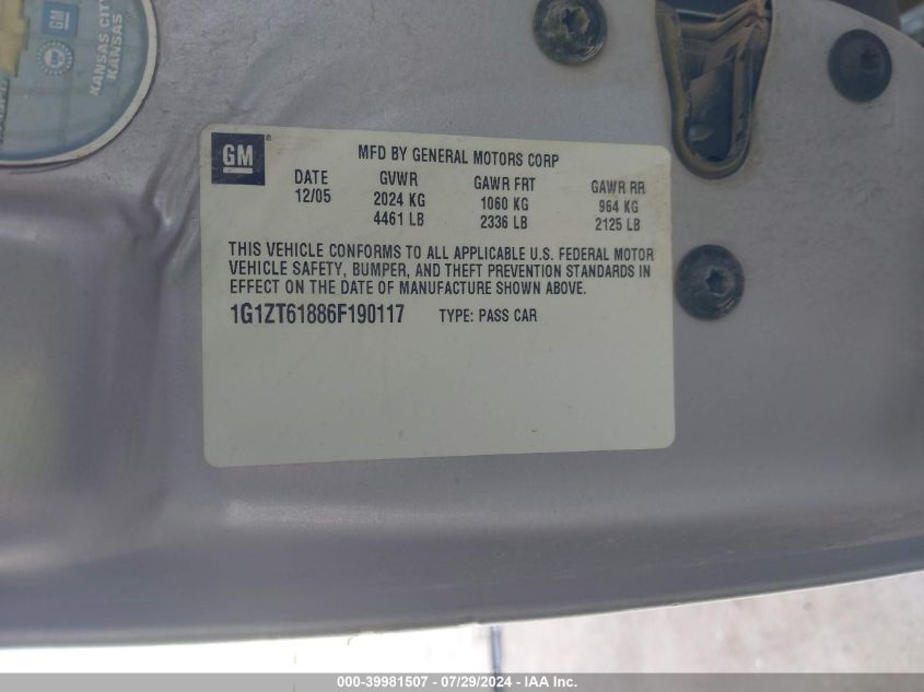 2006 Chevrolet Malibu Maxx Lt VIN: 1G1ZT61886F190117 Lot: 39981507