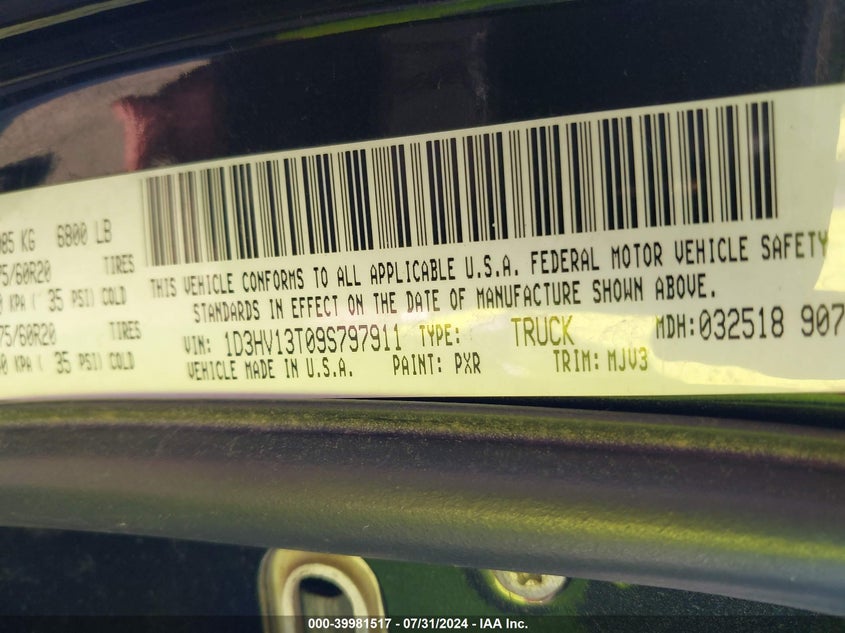 2009 Dodge Ram 1500 Slt/Sport/Trx VIN: 1D3HV13T09S797911 Lot: 39981517