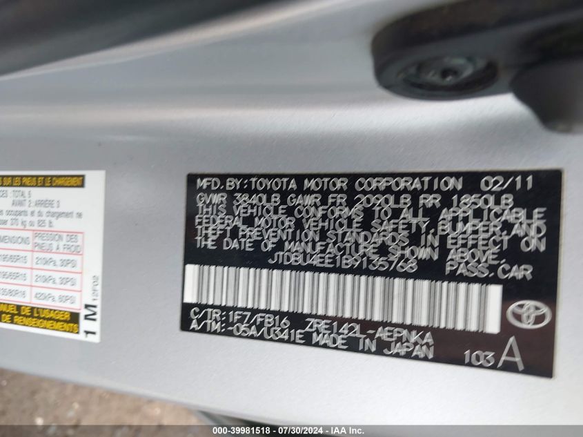 2011 Toyota Corolla S/Le VIN: JTDBU4EE1B9135768 Lot: 39981518