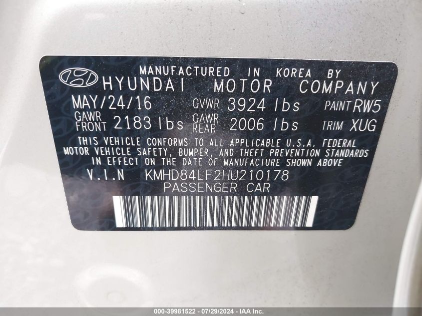 2017 Hyundai Elantra Se VIN: KMHD84LF2HU210178 Lot: 39981522