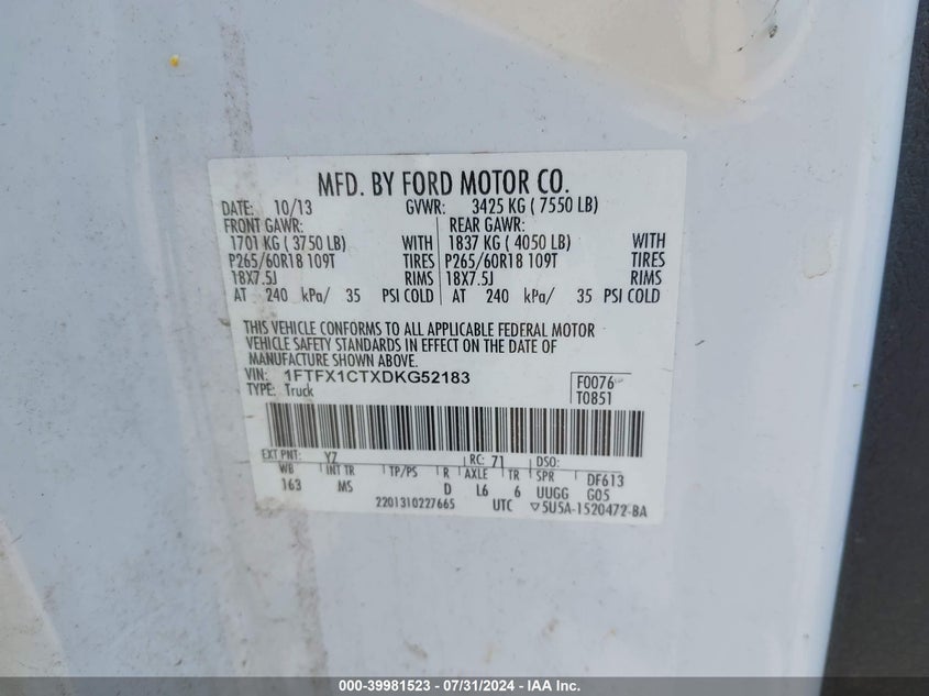 2013 Ford F-150 Xlt VIN: 1FTFX1CTXDKG52183 Lot: 39981523