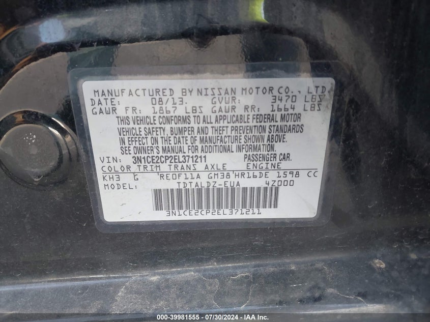 2014 Nissan Versa Note Sv VIN: 3N1CE2CP2EL371211 Lot: 39981555