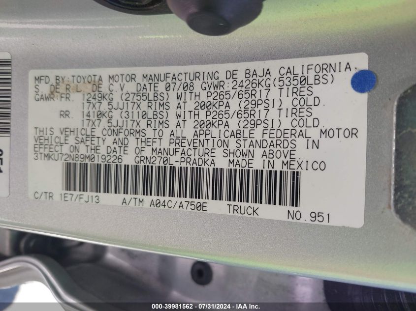 2009 Toyota Tacoma Prerunner V6 VIN: 3TMKU72N89M019226 Lot: 39981562