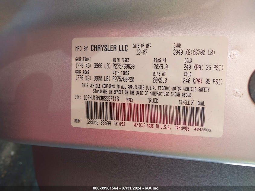 2008 Dodge Ram 1500 Slt VIN: 1D7HU18N38S557116 Lot: 39981564